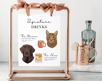 Custom Digital 2 Pet Portrait Wedding Drink Sign, Personalized Modern Cocktail Bar Sign, Dog of Honor,Minimalist Signature Drink,Pet Wedding