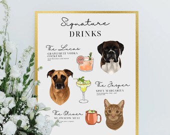 Custom Digital 3 Pet Portrait Wedding Drink Sign, Personalized Modern Cocktail Bar Sign, Dog of Honor,Minimalist Signature Drink,Pet Wedding
