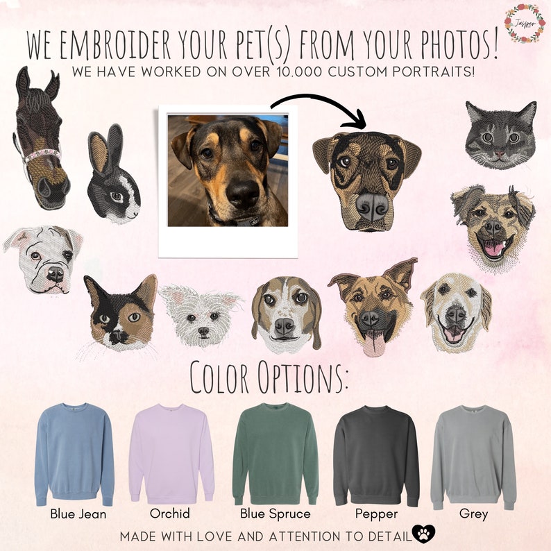 Custom EMBROIDERED Pet Portrait Comfort Colors Sweatshirt,Custom Pet Gift, Dog Mom Gift, Cat Mom,Pet Memorial,Personalized Dog Embroidery image 7