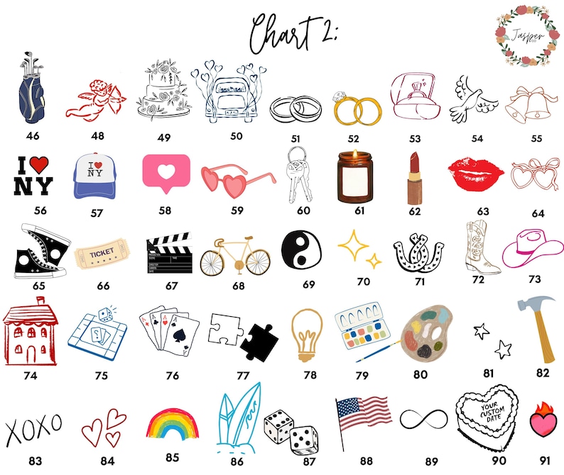 May include: Chart with 91 numbered squares, each containing a different graphic design. The designs include a golf bag, a wedding cake, a car, a pair of rings, a lipstick, a cowboy boot, a house, a light bulb, a rainbow, a surfboard, and more.