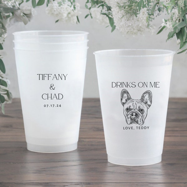 Custom Pet Portrait Wedding Frosted Cups, Custom Pet Illustration, Personalized Modern Wedding Favors, Beverage Holder, Custom Cocktail Cups