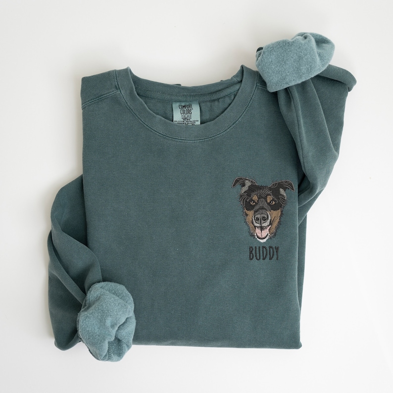 Custom EMBROIDERED Pet Portrait Comfort Colors Sweatshirt,Custom Pet Gift, Dog Mom Gift, Cat Mom,Pet Memorial,Personalized Dog Embroidery image 1