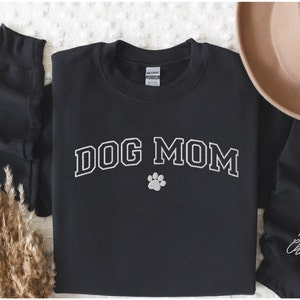 Custom Embroidered Dog Mom Varsity Unisex Sweatshirt, Personalized Embroidery Dog Name Sleeve, Dog Mom Gift, Custom Pet Lover Tee Gift
