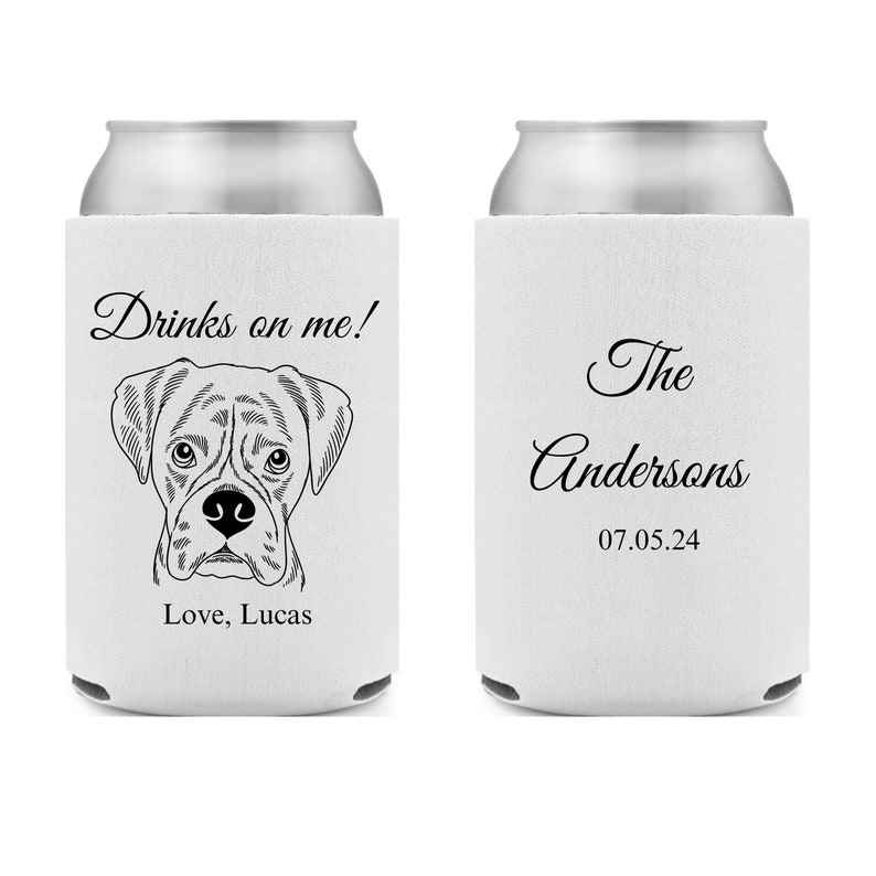 Custom Pet Portrait Wedding Can Cooler, Custom Pet Illustration, Personalized Wedding Favors, Beverage Holder, Can Insulator, Wedding Cooler image 3