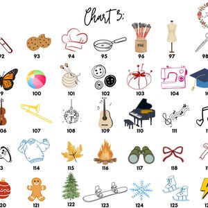 May include: Chart with 126 numbered images, each depicting a different icon or symbol. The icons include a whisk, cookies, a chef's hat, a frying pan, a paintbrush, a dress form, scissors, a butterfly, a beach ball, yarn, buttons, a pincushion, a sewing machine, a graduation cap, a violin, a trumpet, a disco ball, a guitar, a piano, musical notes, a heart, a video game controller, a sweater, a maple leaf, a campfire, binoculars, a bow, a Christmas ornament, a gingerbread man, a pine tree, a snowboard, a snowflake, ice skates, and a lightning bolt.