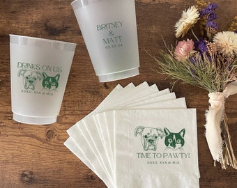 BUNDLE AND SAVE Custom Pet Portrait Frosted Cups and Cocktail Napkins set, Custom Pet Wedding, Personalized Wedding Favors, Cat Napkins, Dog