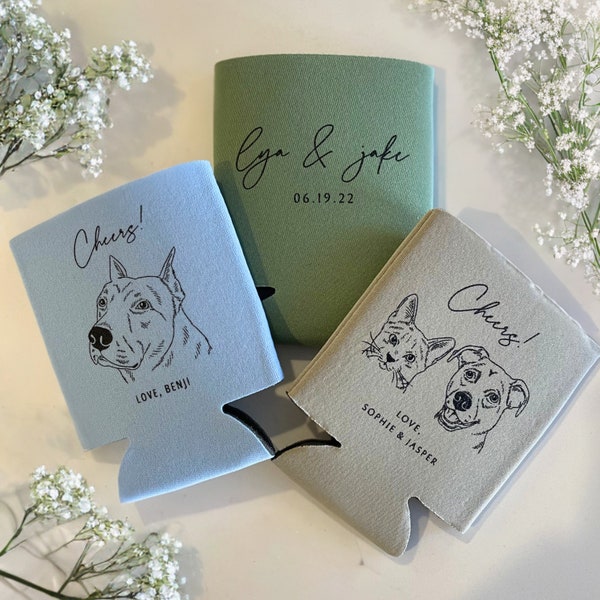 Individuell gestalteter Getränkekühler mit Haustierporträt, personalisierte Haustierillustration, Gastgeschenke, Getränkehalter, Dosenisolator, Getränkekühler für Hochzeiten