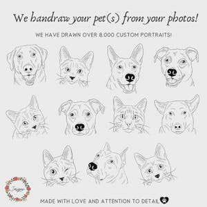 May include: A collection of hand-drawn pet portraits, featuring dogs and cats in a variety of poses. The image includes the text "We handraw your pet(s) from your photos!" and "MADE WITH LOVE AND ATTENTION TO DETAIL".