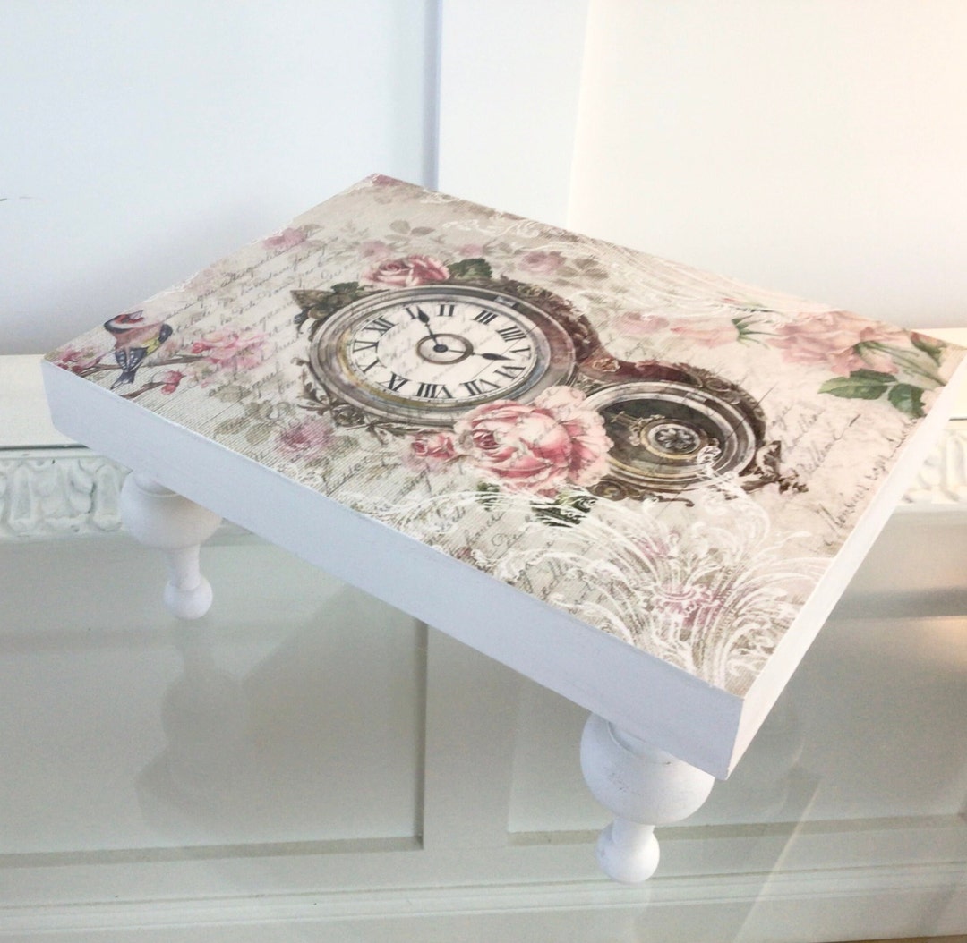 Wood Table Riser, Decorative Tray, off White With Vintage Clock Design ...