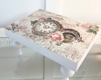 Wood Table Riser, Decorative Tray, Off White with Vintage Clock Design, Display Stand, Cottage Decor, French Country Decor, Raised Tray