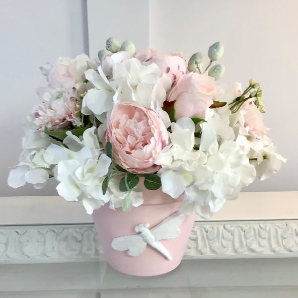 Cottage style Pink Faux flowers, Table Top Centerpiece, Pink and White Artificial Flowers, Dragonfly Clay Pot, Shabby Chic, French Decor