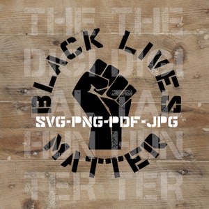 Puede incluir: Gráfico de Black Lives Matter con un puño en alto en el centro de un círculo. El texto está en una fuente en negrita y de bloque.