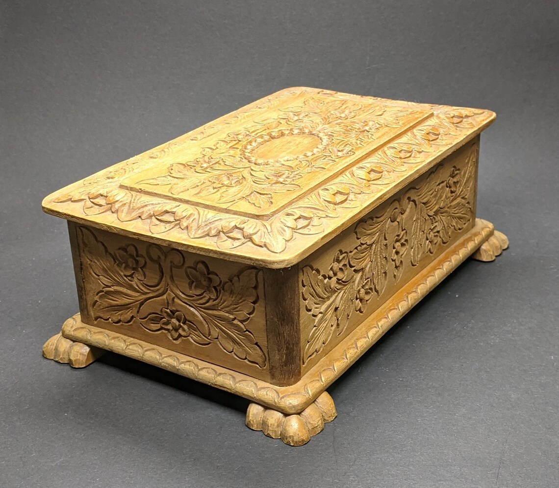 Vintage Carved Wooden Lidded Box German Jewellery Box Etsy