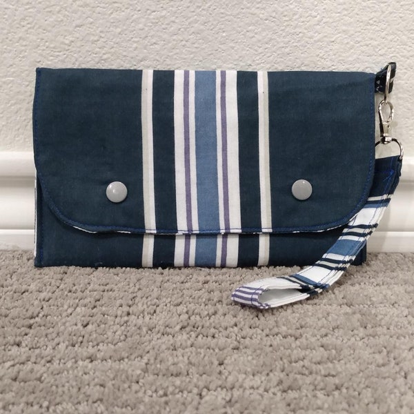 Blue stripe fabric phone clutch