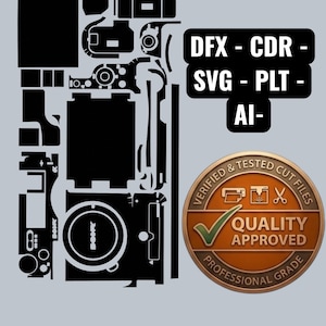 Può includere: Design di file di taglio digitale in bianco e nero con il testo "DFX - CDR - SVG - PLT - AI-". Un emblema circolare recita "VERIFIED & TESTED CUT FILES QUALITY APPROVED PROFESSIONAL GRADE".