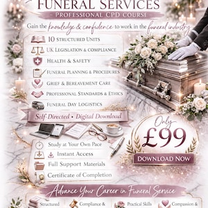 May include: Promotional image for a funeral services professional development course. The image features a casket, flowers, and text that reads "Introduction to Funeral Services." It highlights course features and a call to action.