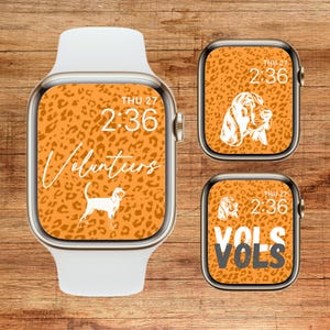 May include: Three different watch faces with an orange and brown leopard print background. The first watch face says "Volunteers" in white text. The second watch face has a white silhouette of a dog. The third watch face says "VOLS VOLS" in white text.