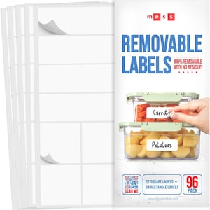 May include: A pack of 96 white removable labels, 32 square and 64 rectangular, for organizing and labeling containers. The labels are 100% removable with no residue. The image shows a hand placing a label on a clear plastic container with the word "Carrots" written on it.