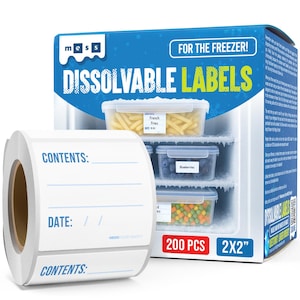 May include: A roll of white dissolvable labels with blue text reading CONTENTS and DATE, displayed next to a blue box labeled DISSOLVABLE LABELS FOR THE FREEZER, 200 PCS, 2X2 inches, showing clear containers of food inside a frosty freezer.