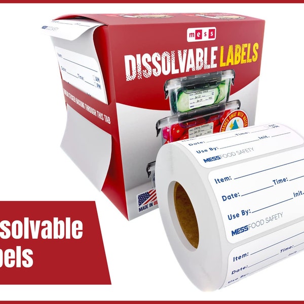 MESS Dissolvable Food Labels for Containers - Quick Dissolve - Freezer Labels or Kitchen Labels - Canning Labels and More