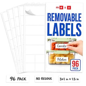 May include: A pack of 96 white removable labels with the text mess REMOVABLE LABELS. The packaging shows two clear food containers with green lids, one labeled Carrots and one labeled Potatoes. The labels measure 3 inches by 1.5 inches.