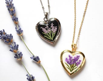 Handmade Pressed Lavender Heart Locket Necklace | Sterling Silver Keepsake