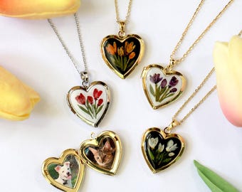 Pressed Real Flower Locket Necklace, Sterling Silver Heart Locket, Photo Keepsake, Tulip Necklace, Memorial Gift