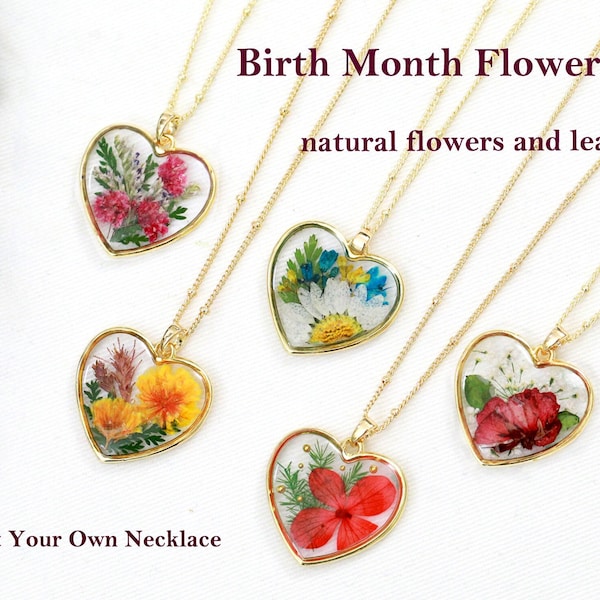 Collier fleur mois de naissance| Collier coeur avec fleurs naturelles pressées| Cadeau d'anniversaire unique, bijoux faits main personnalisés, cadeau de fête des mères