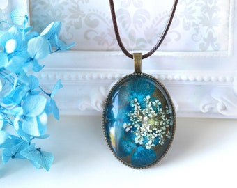 Dried Pressed Blue Flower Hydrangea Pendant Necklace| Real Pressed Flower Resin Oval Long Necklace Mother's Day Gift