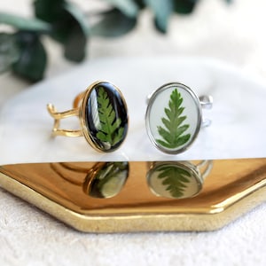 Handmade Fern Ring Green Leaf Oval Stainless Steel Adjustable Ring| Botanical Jewelry