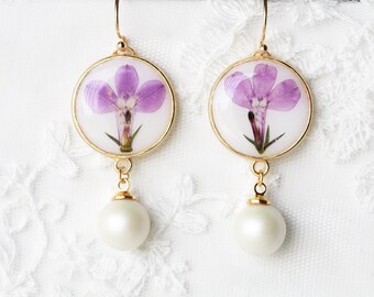 Handmade Pressed Pink Flower with White Pearl Dangle Earrings| Genuine Flower Floral Resin Dangle Earrings