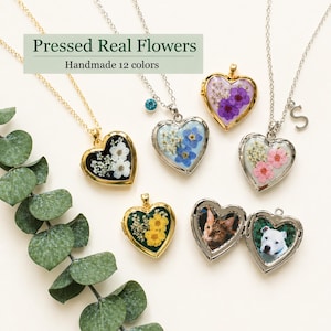 Sterling Silver Heart Locket Necklace, Real Flower Locket, Forget Me Not Flower Gift, Photo Keepsake, Mother's Day Gift Graduation Gift