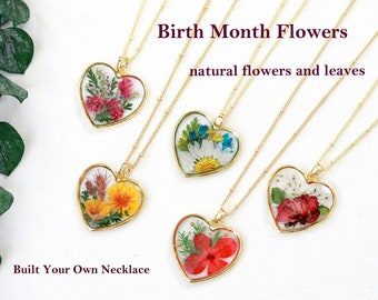 Collier fleur mois de naissance| Collier coeur avec fleurs naturelles pressées| Cadeau d'anniversaire unique, bijoux faits main personnalisés, cadeau de fête des mères