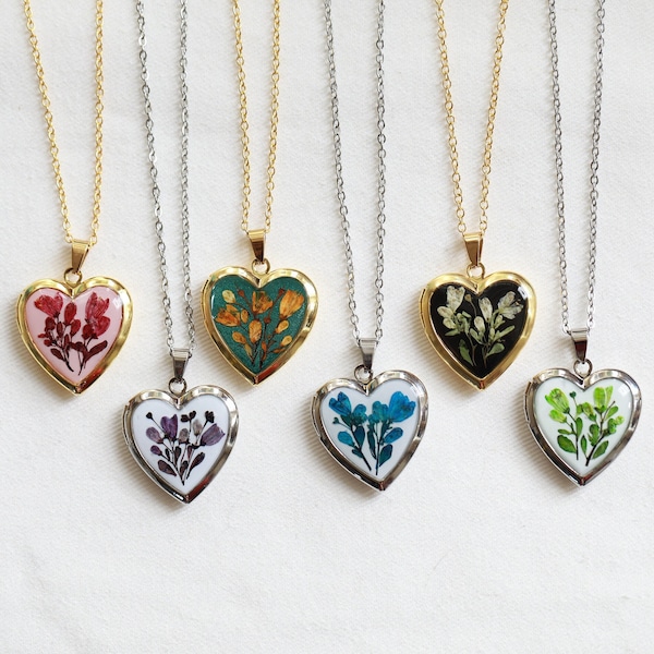 Collier médaillon coeur en acier inoxydable à fleurs pressées fait main | Médaillon floral avec collier photo | Cadeau personnalisé| Cadeau fête des mères