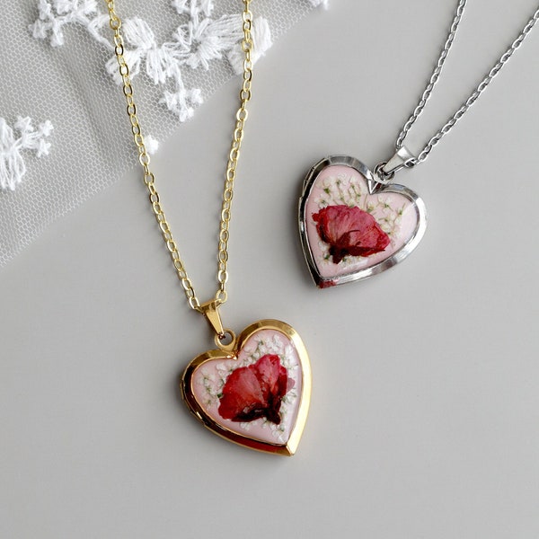 Handmade Pressed Flower Rose Heart Locket Necklace| Stainless Steel Floral Heart Locket Gift for her Valentine's Day Gift