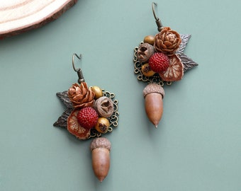 Handmade Real Acorn Pinecone Berry Mixed Seeds Dangle Earrings| Natural Botanical Jewelry