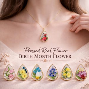 Birth Month Flower Teardrop Necklace, Pressed Real Flower Jewelry, Birthday Gift, Mother's day gift, Personalized Gift