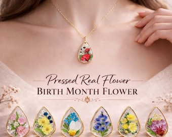 Collar con colgante de flor del mes de nacimiento en forma de lágrima, joyería de flores naturales prensadas, regalo de cumpleaños, regalo del Día de la Madre, regalo personalizado.