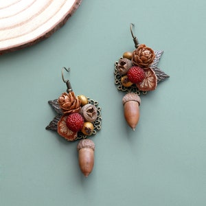 Handmade Real Acorn Pinecone Berry Mixed Seeds Dangle Earrings Natural Botanical Jewelry image 1