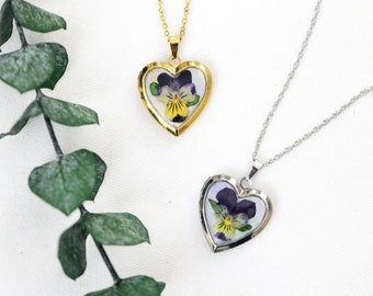 Handmade Locket| Pressed Natural Flower Stainless Steel Heart Locket Necklace| Pansy February Birth Flower Necklace| Botanical Jewerly