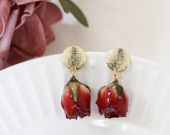 Handmade Real Natural Red Rose Dangle Earrings| Dried Rose Resin Earrings| Botanical Jewelry