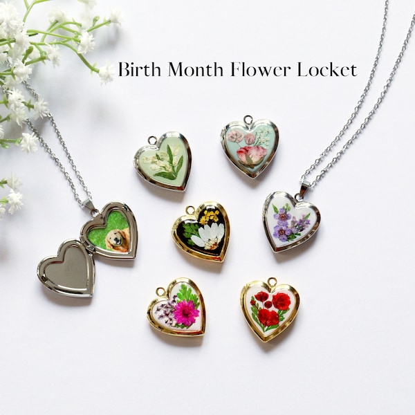Handmade Pressed Flower Birth Month Flower Heart Locket Necklace| Unique Personalized Birthday Gift Mother's Day Gift