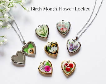 Handmade Pressed Flower Birth Month Flower Heart Locket Necklace| Unique Personalized Birthday Gift Mother's Day Gift