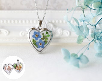 Pressed Natural Flower Heart Locket Necklace| Sterling Silver Photo Locket| Forget Me Not Photo Necklace Birthday Gift for her