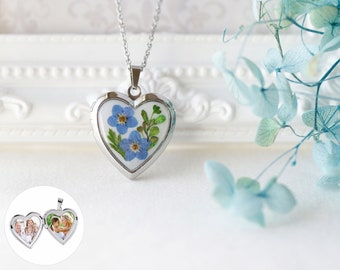 Collier médaillon coeur en acier inoxydable avec fleurs naturelles pressées séchées | Collier à pendentif médaillon photo argenté | Collier médaillon Forget Me Not