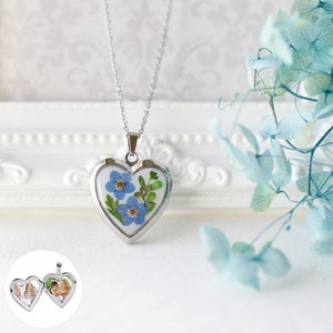 Dried Pressed Natural Flower Stainless Steel Heart Locket Necklace| Silver Tone Photo Locket Pendant Necklace| Forget Me Not Locket Necklace