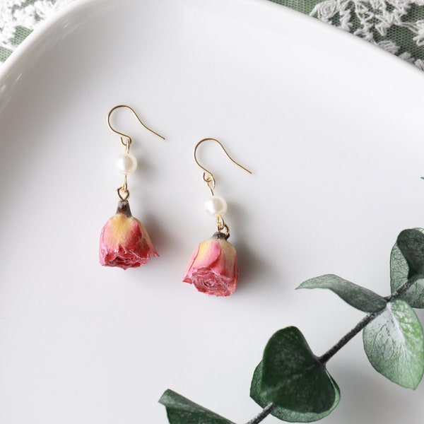 Gedroogde roze roos parel Dangle Oorbellen | Roze bloem bungelen oorbellen | Clip op oorbellen