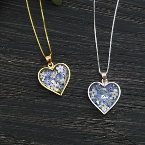 Pressed Flower Forget Me Not 925 Sterling Silver Heart Pendant Necklace| Real Flower Resin Heart Necklace  Gift for her