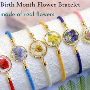 Birth Month Flower Bracelet, Personalized Birthday Gift, Pressed Flower Adjustable Bracelet, Bracelet for women