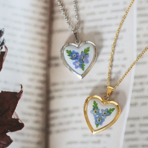 Handmade Pressed Forget Me Not Heart Necklace Stainless Steel Floral Heart Locket image 1